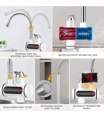 Rubinetto Miscelatore Elettrico con LED Display, 220V 3000W Rubinetto Lavello Girevole a 360°, Tankless Elettrico Rubinetto,