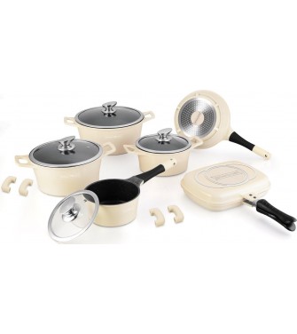 Royalty Line, Set di utensili da cucina in alluminio pressofuso 15 pezzi, rivestimento in marmo color crema
