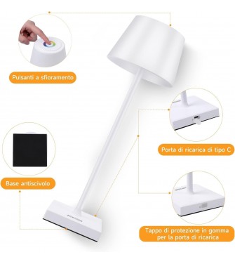 ClaShop Lampada da Tavolo Senza Fili Ricaricabile - Lampada da Scrivania a LED Dimmerabile All'infinito con Interruttore Tattile