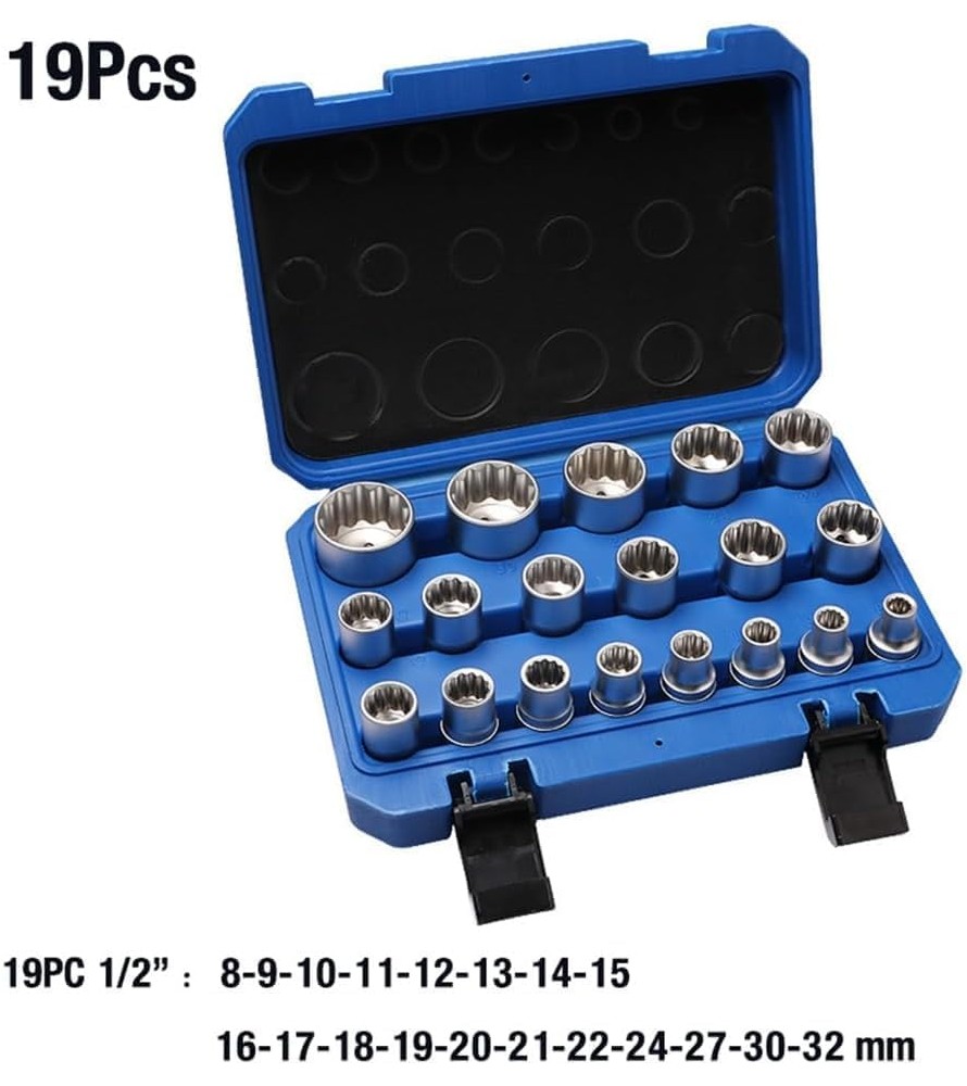 Set Chiavi a Bussola Torx Millerighe Esagonale Poligonali XZN Maschio e Femmina Acciamo Cromo Vanadio (Set 19 Pezzi 1/2" Bussole