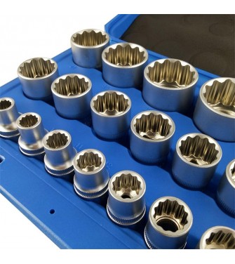 Set Chiavi a Bussola Torx Millerighe Esagonale Poligonali XZN Maschio e Femmina Acciamo Cromo Vanadio (Set 19 Pezzi 1/2" Bussole